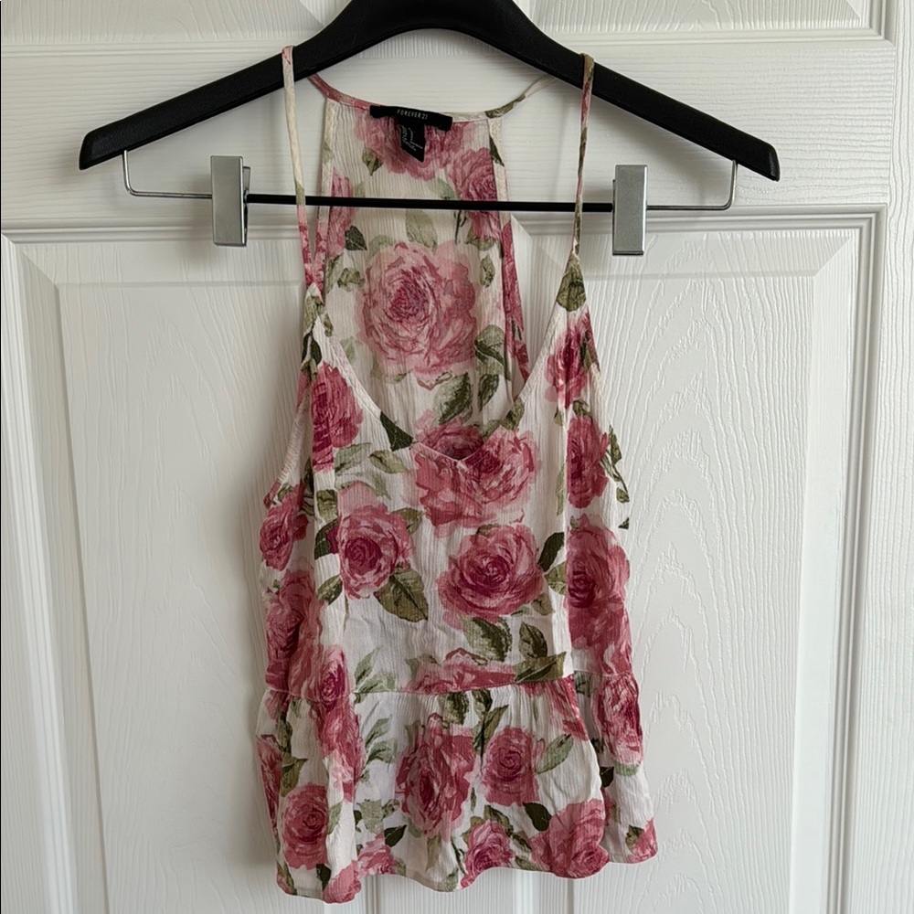 Pink Floral Rose Sleeveless V-Neck Spaghetti Strap Peplum Top